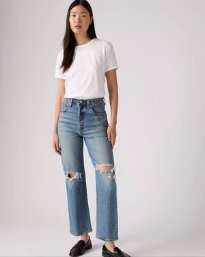 LEVI'S Ribcage Straight Ankle Jeans Size 31 US 12 High Rise Waterless Destroyed